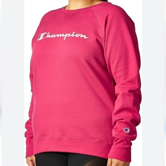 Champion Ladies Hot Pink Fuchsia Crewneck Long Sleeve Sweatshirt White Logo - Picture 1 of 9